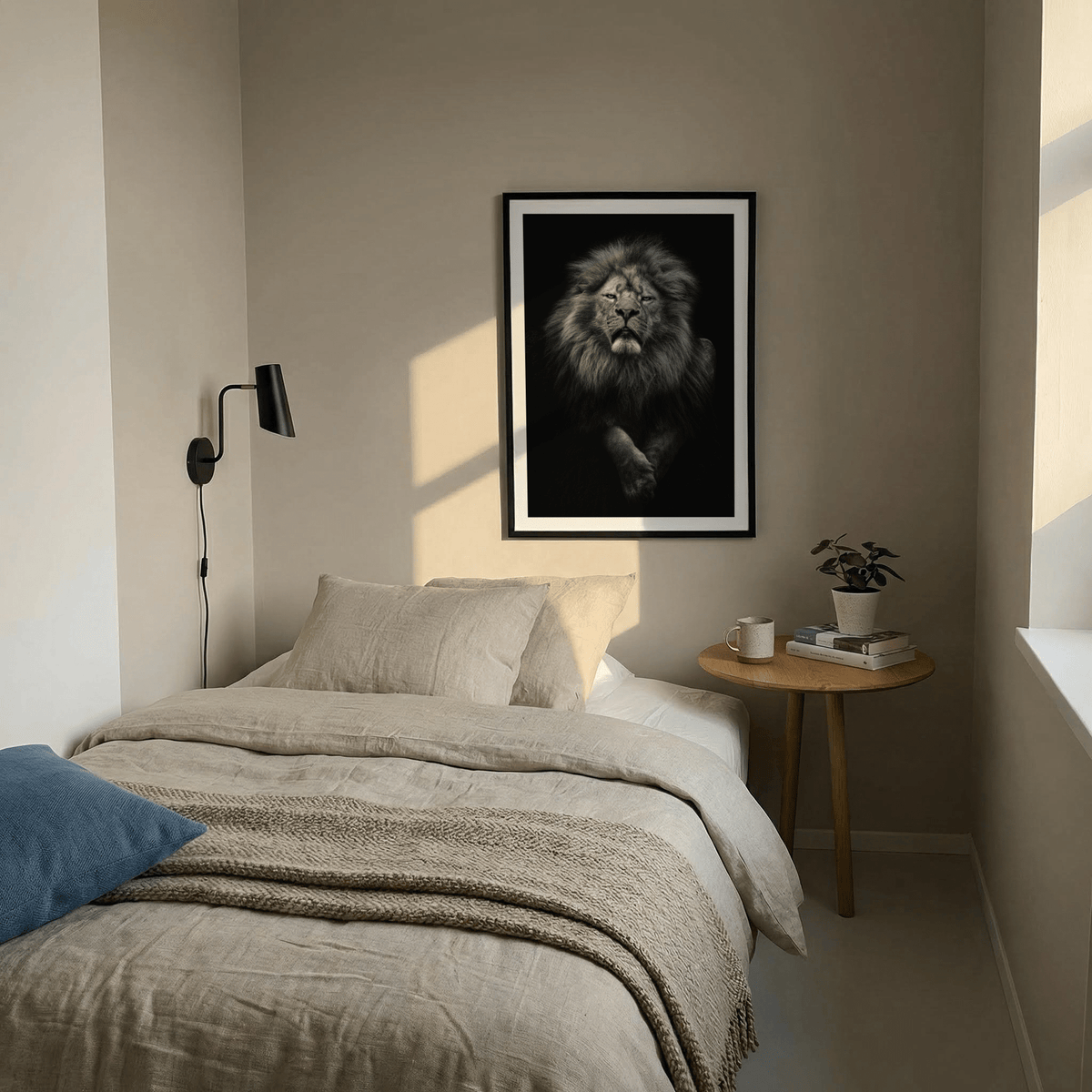 Dramatic Black Lion Art Print poster with lion face and deep shadows