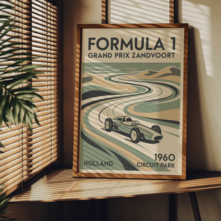 Mid-century style Formula 1 wall art featuring central curve and large headline typography