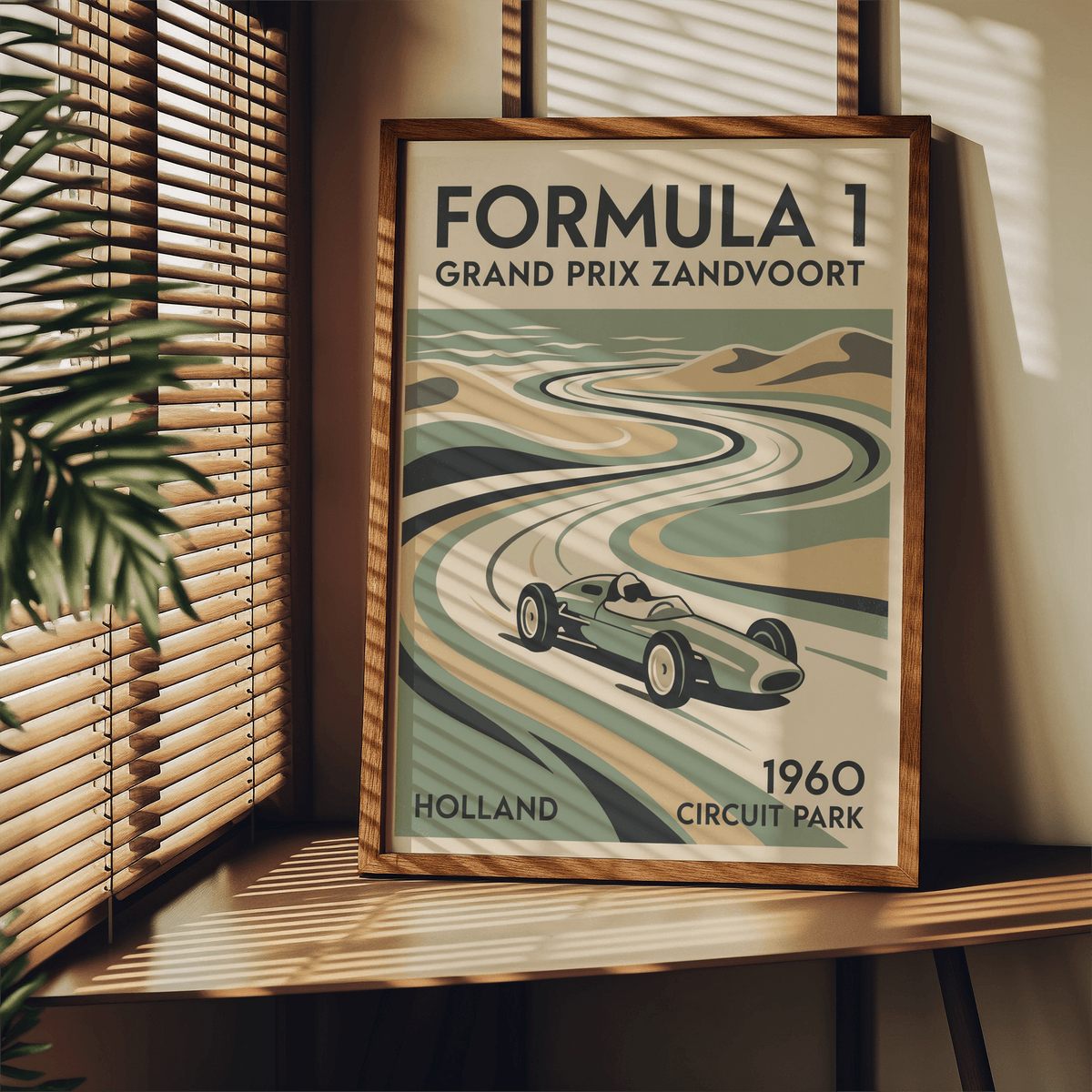 Mid-century style Formula 1 wall art featuring central curve and large headline typography