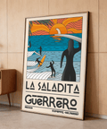 Foreground surfboard carrier featured in Surfing Sunset Print illustration