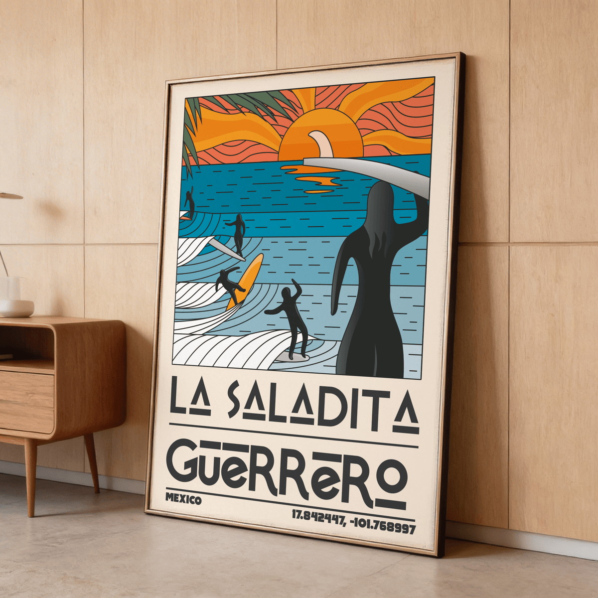 Foreground surfboard carrier featured in Surfing Sunset Print illustration