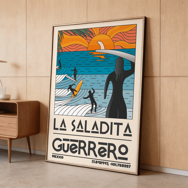 Foreground surfboard carrier featured in Surfing Sunset Print illustration