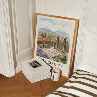 Panoramic Mexico City skyline poster with domed rooftops, open square, and mountain backdrop