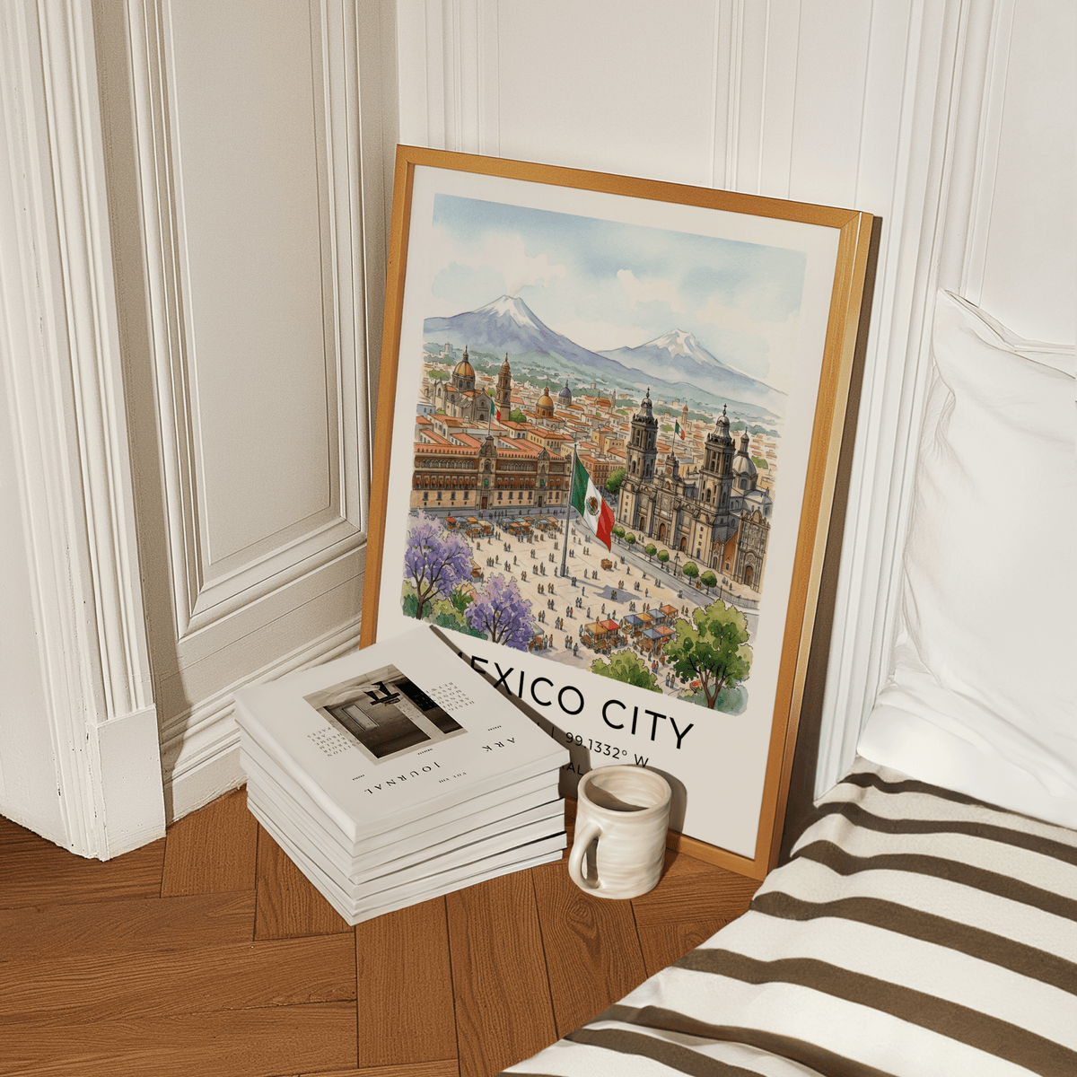 Panoramic Mexico City skyline poster with domed rooftops, open square, and mountain backdrop
