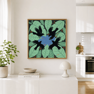 Angle view poster print with crow flock circling water and leaf shapes in Green, Blue, and Black