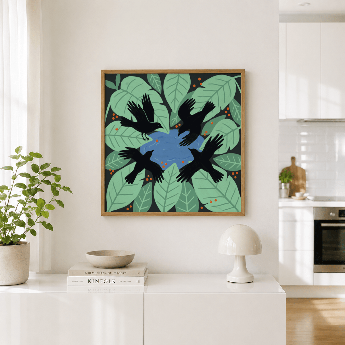 Angle view poster print with crow flock circling water and leaf shapes in Green, Blue, and Black