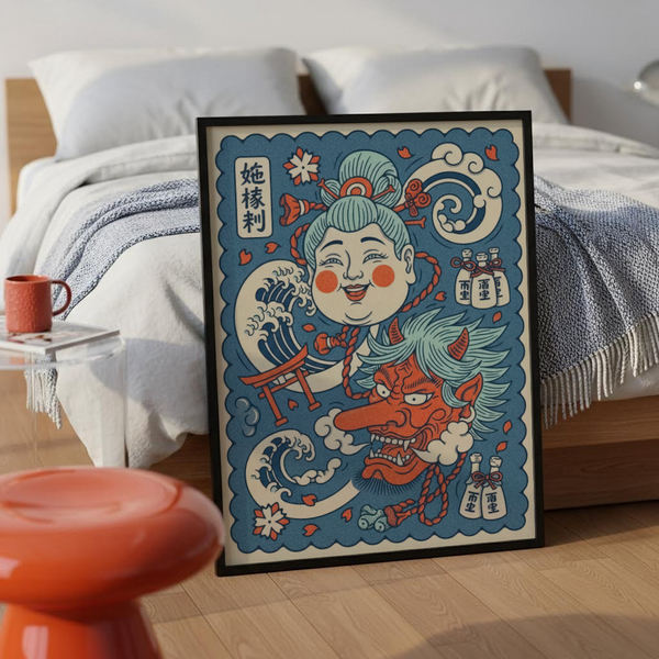 Japanese Mythology Art Print depicting fox spirit and dragon amid swirling clouds