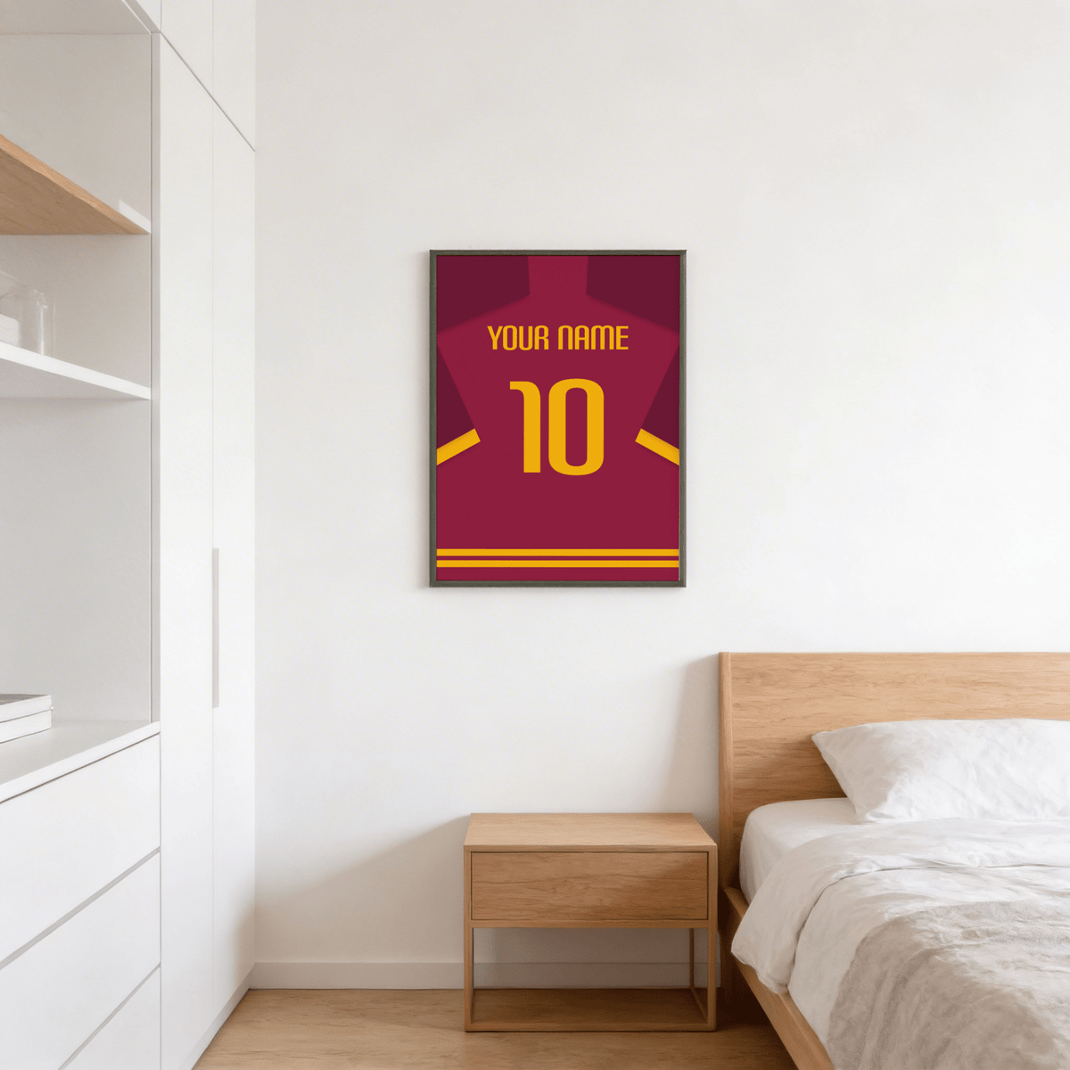 Close view of personalized football jersey print featuring name area and bold 10