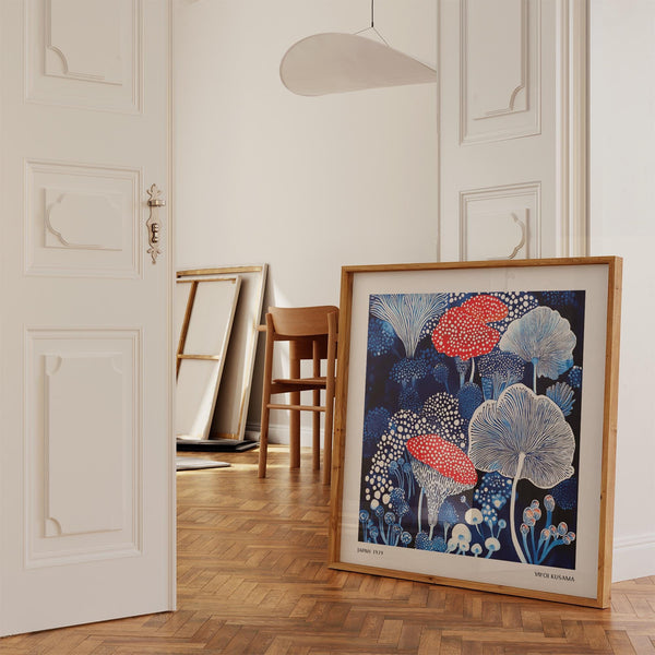 Contemporary mushroom poster showing fan-shaped fungi in cool and warm hues.