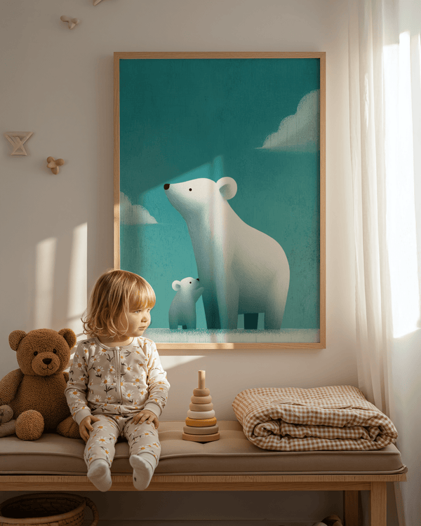 Polar Bear Print art print, blue and white tones for playroom