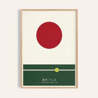 Centered red circle above green tennis court poster with Japanese text wall art