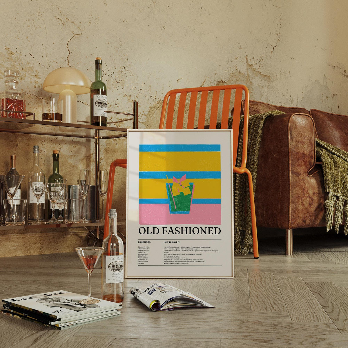 Retro drink wall print with Old Fashioned cocktail and bold yellow-blue stripes.