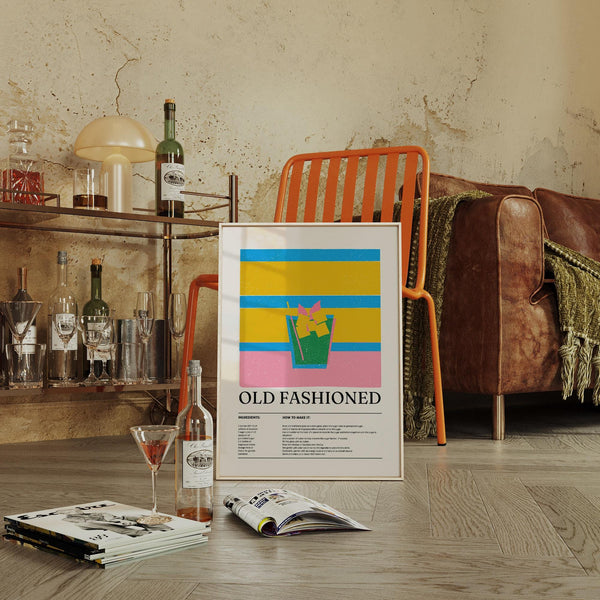 Retro drink wall print with Old Fashioned cocktail and bold yellow-blue stripes.
