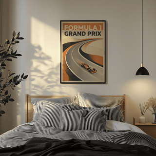 Minimal graphic motorsport print poster featuring curving track perspective and speed lines