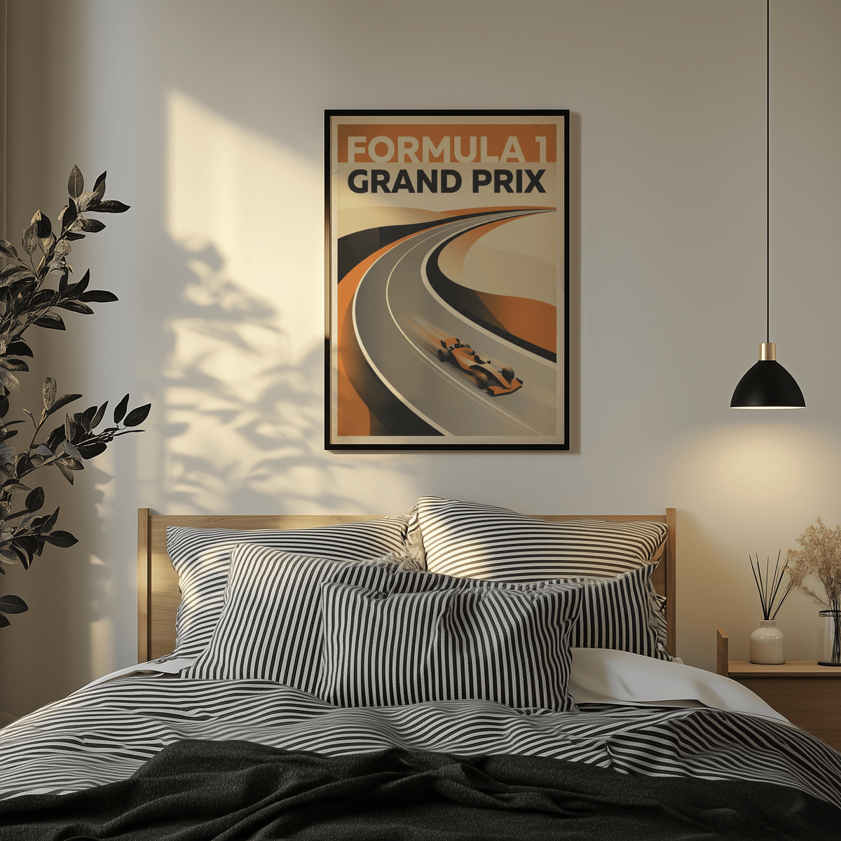 Minimal graphic motorsport print poster featuring curving track perspective and speed lines