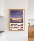 San Sebastian Wall Art print with purple sky, beige border, and large Zinemaldia title