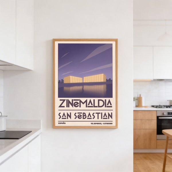 San Sebastian Wall Art print with purple sky, beige border, and large Zinemaldia title