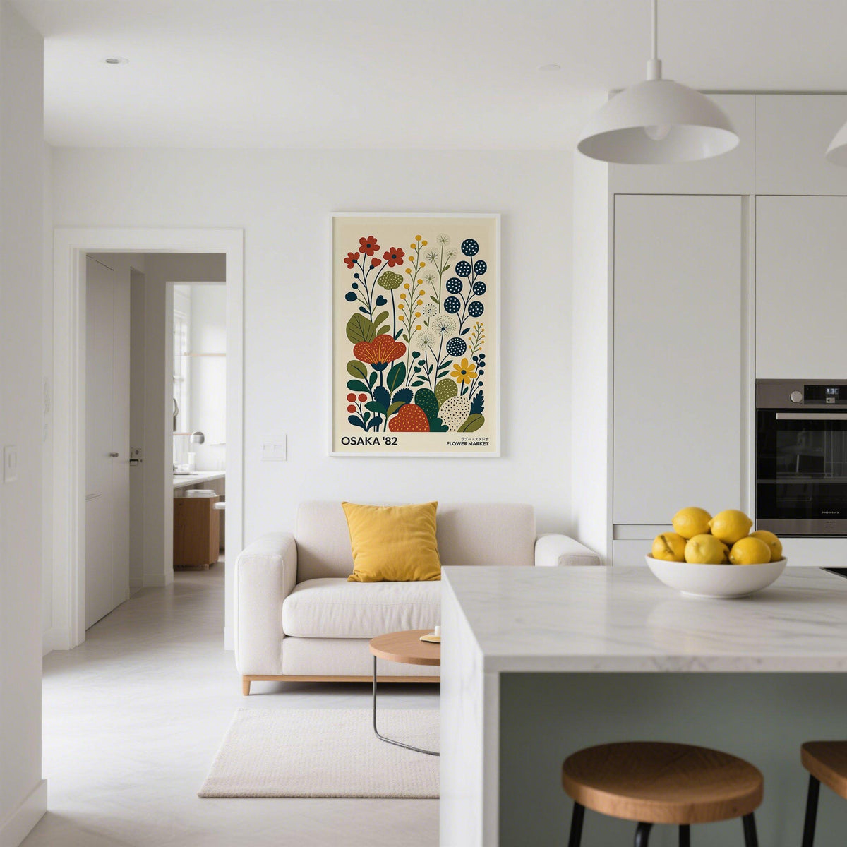 Wall art print of nature artwork with colorful wildflowers in a retro layout.