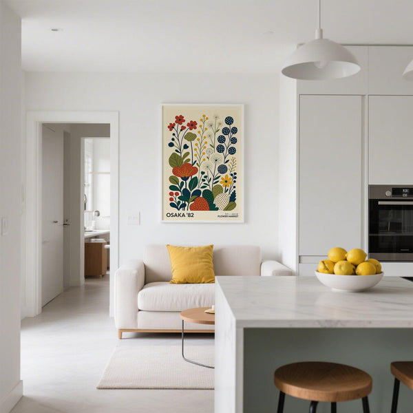 Wall art print of nature artwork with colorful wildflowers in a retro layout.