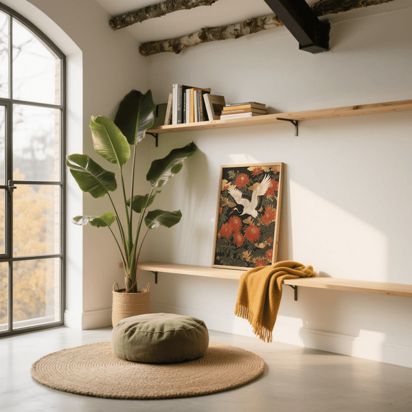 Stunning Crane Floral Art Print for dining area, includes White, Green details