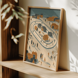 Winter Village Art Print using Blue, Orange, Beige for nursery wall poster