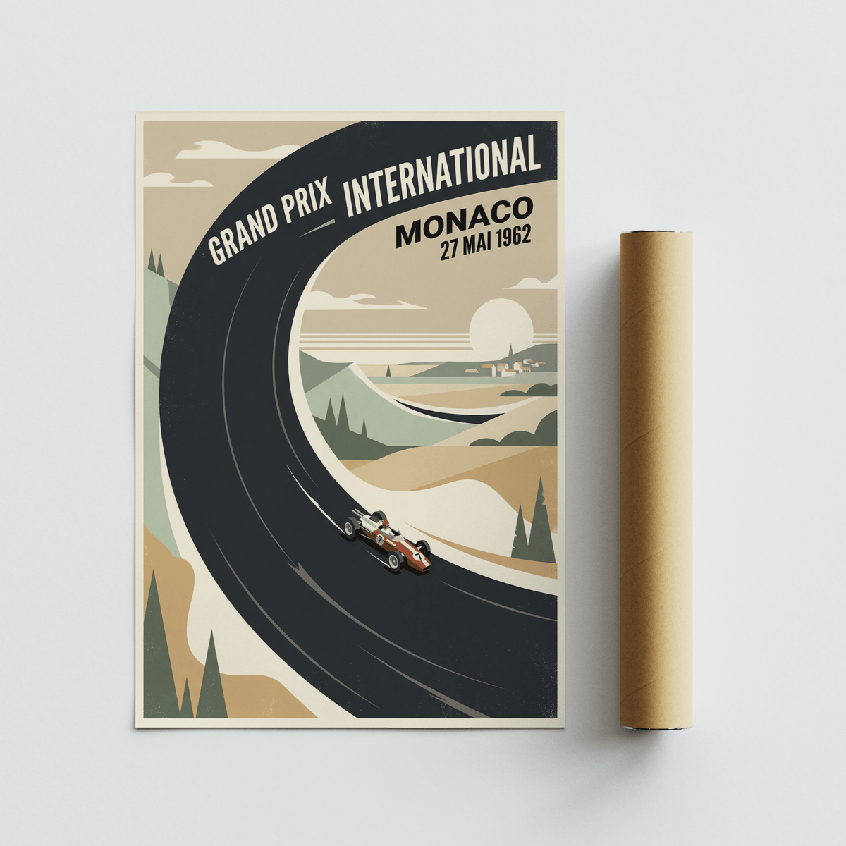 Poster mockup styled in office setting with vintage Grand Prix design