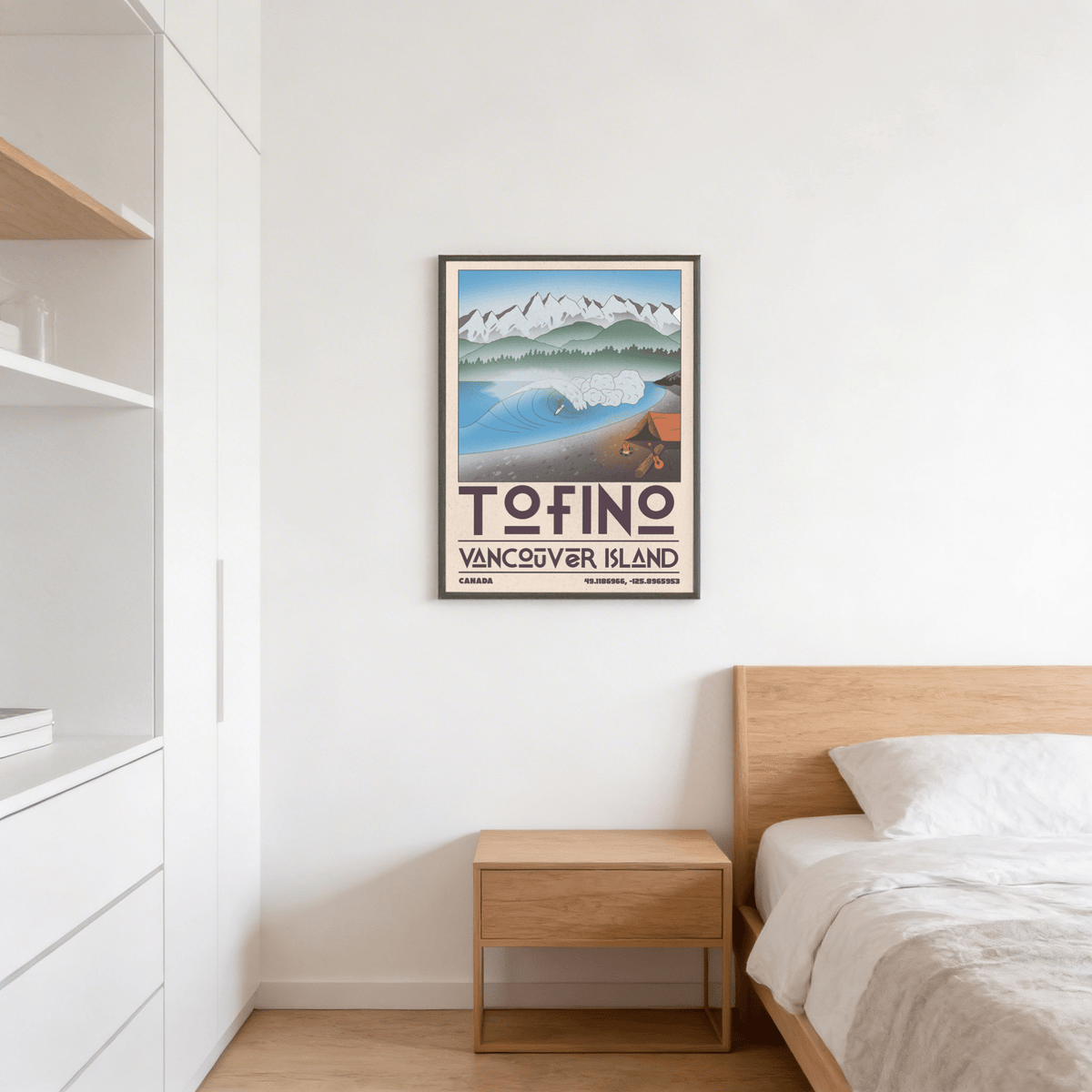 Tofino Landscape Art Print flat lay next to map and seashells