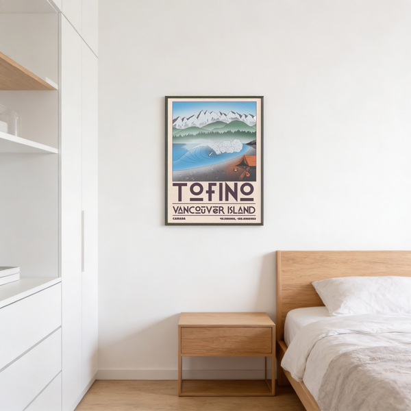 Tofino Landscape Art Print flat lay next to map and seashells