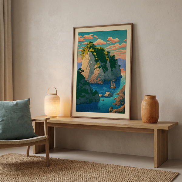 Zoomed texture view of woodblock-style seascape print with clouds and horizon