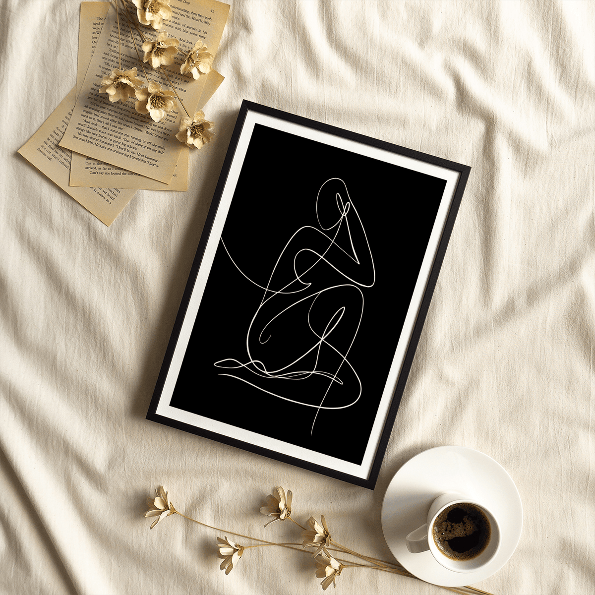 Minimalist Human Form Art Print single-line abstract human poster with border