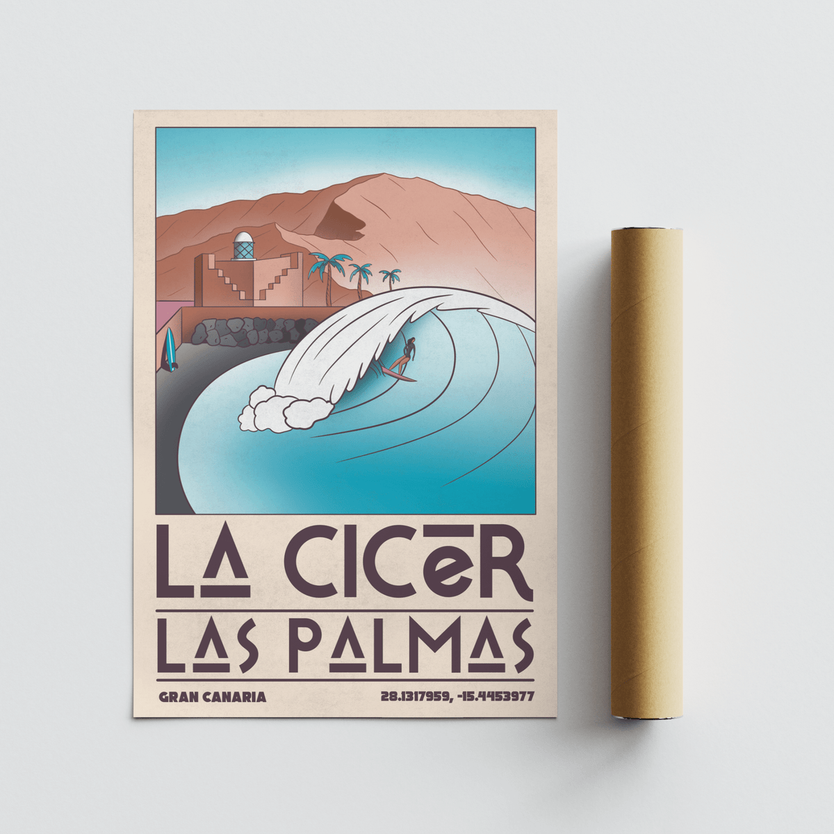 Graphic travel wall art print with central wave motif, shoreline details, and bold geometric lettering
