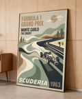 Minimalist Formula 1 Grand Prix Art Print wall art featuring Monte Carlo circuit, stylized trees, and large typography