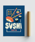 Minimalist Sushi Wall Art with Blue and Orange for modern kitchen