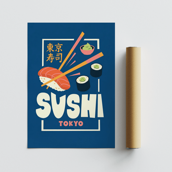 Minimalist Sushi Wall Art with Blue and Orange for modern kitchen
