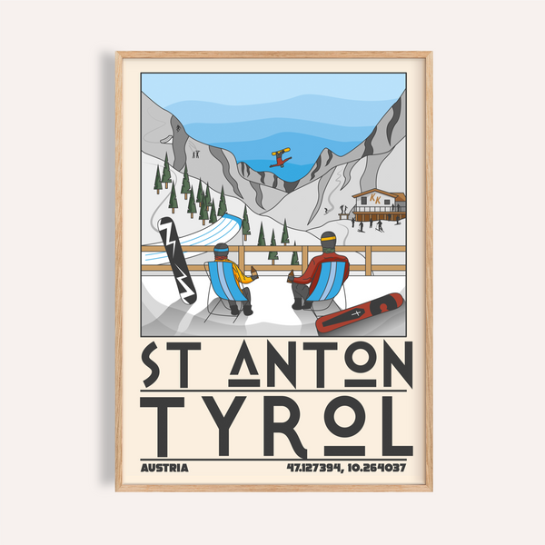 Overview of St Anton Tyrol Art Print poster with ski chairs and mountain valley
