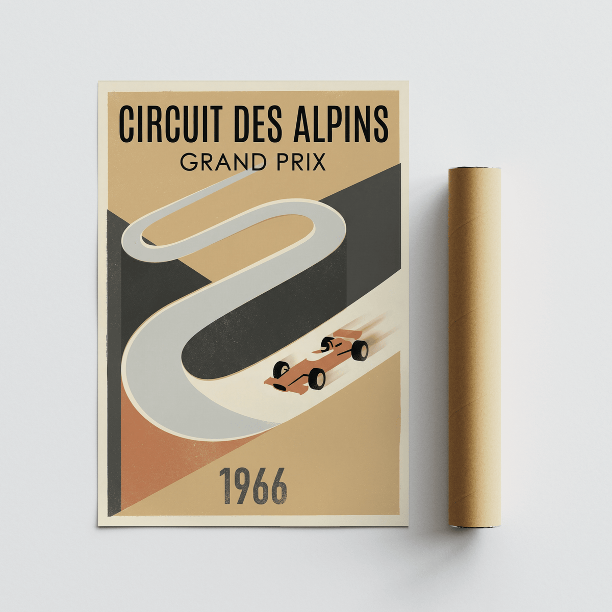 Motorsport wall poster print with curved track ribbon and minimal single-seater car