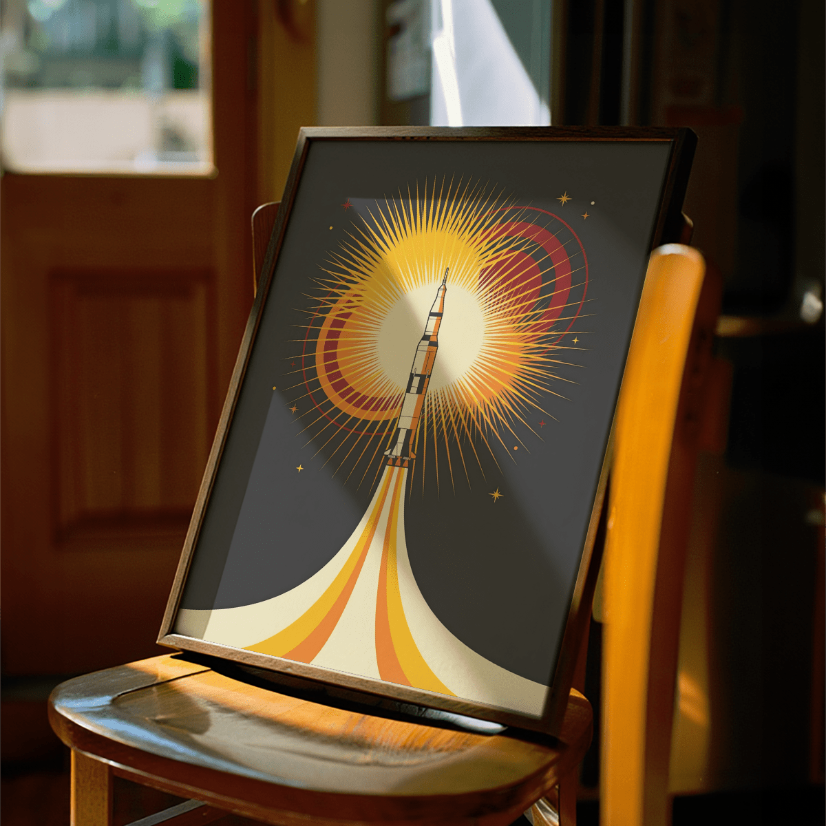 Rocket Launch Art Print, bold yellow and black tones, bedroom wall art