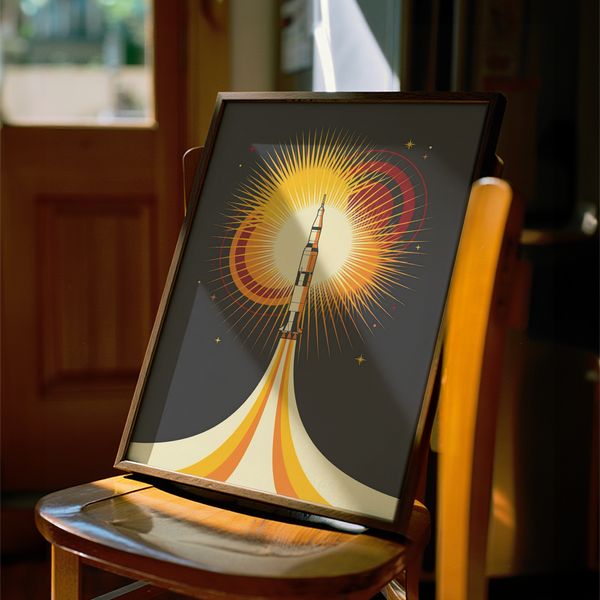 Rocket Launch Art Print, bold yellow and black tones, bedroom wall art