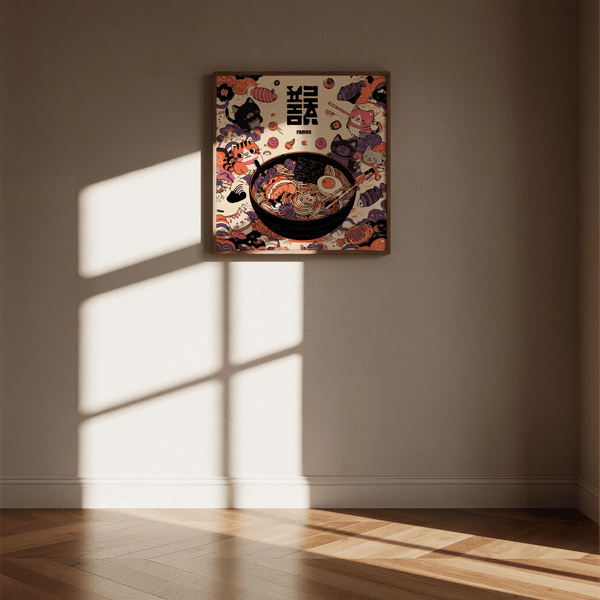 Cute Cat Ramen poster print showing Black White Purple Orange, suitable for kitchen