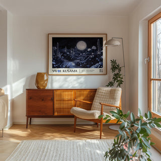 Matte finish mushroom and moon art wall scene for modern decor