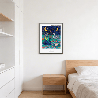 Starry water garden wall art print featuring multiple swans and lily pads