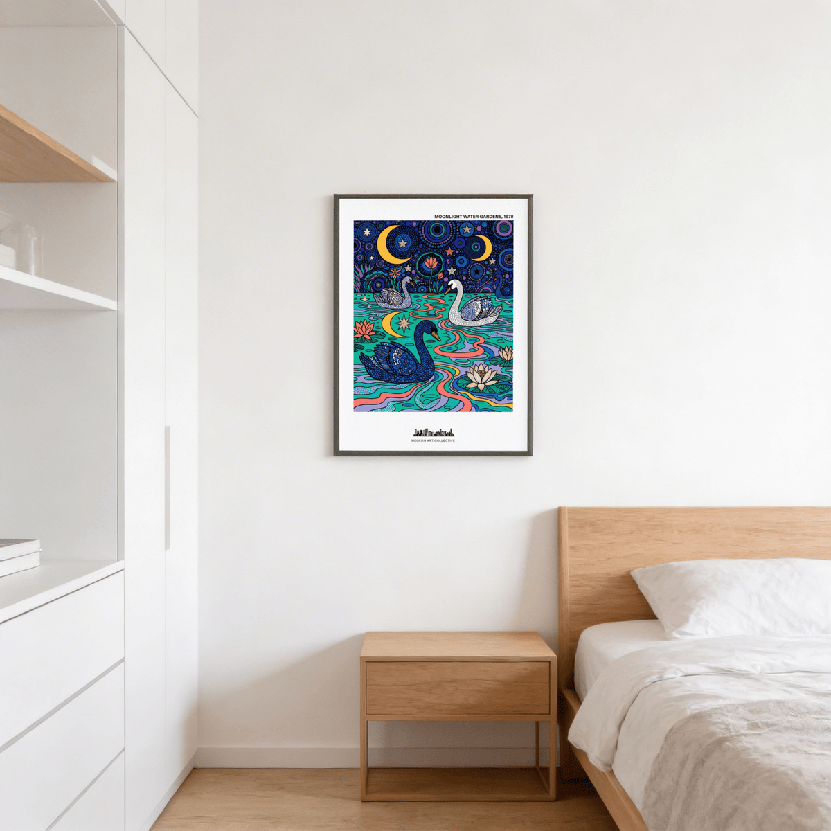 Starry water garden wall art print featuring multiple swans and lily pads