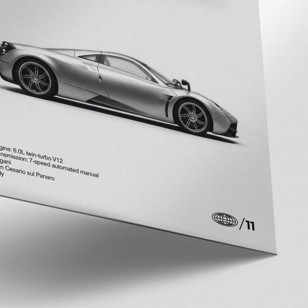 Pagani Huayra Art Print in gray, black, and white for stylish home