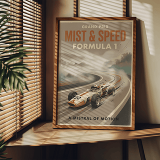 Action scene wall art print of an open-wheel race car with spray lines and a sweeping corner