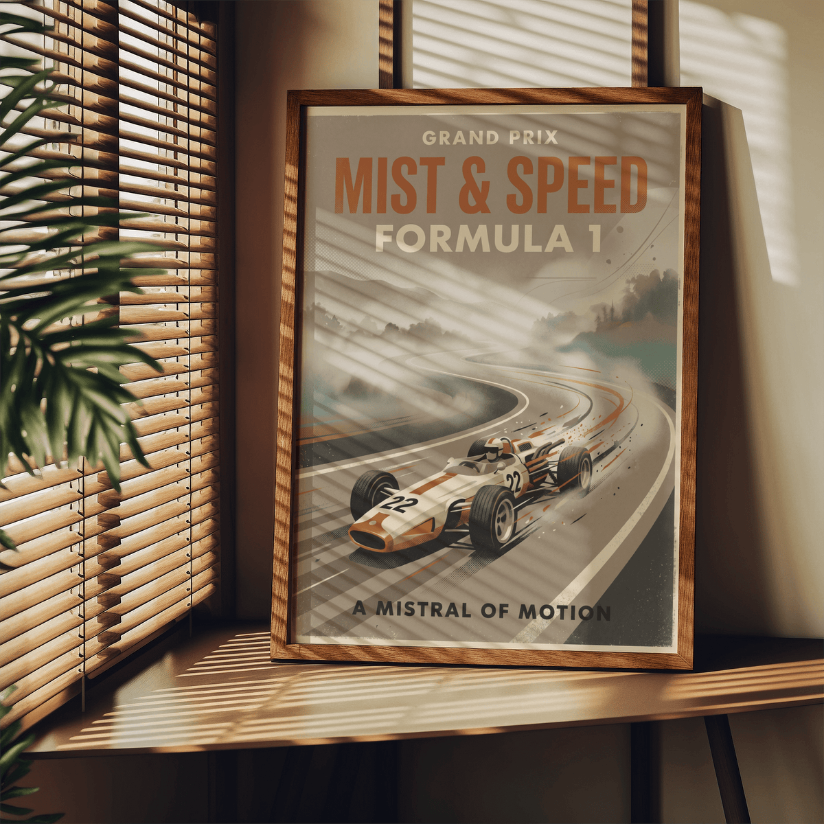 Action scene wall art print of an open-wheel race car with spray lines and a sweeping corner