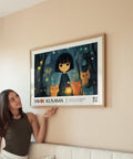 Nursery wall art featuring a glowing lantern and cats in an enchanting forest.