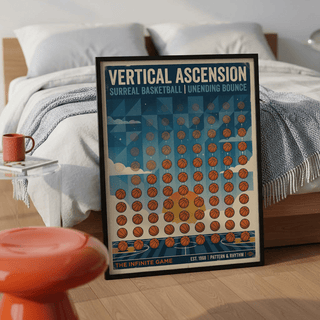 Angled geometric shapes behind the repeating basketball pattern on sports wall art print