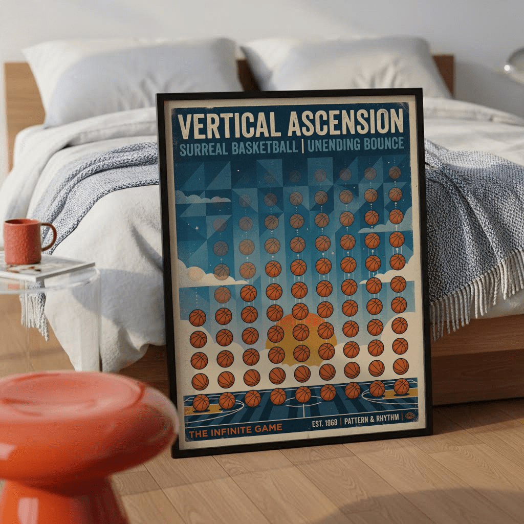 Angled geometric shapes behind the repeating basketball pattern on sports wall art print