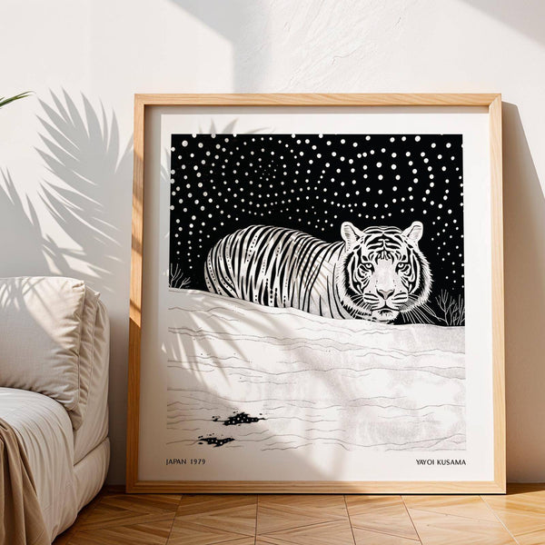 Living room with minimalist art white tiger square wall decor