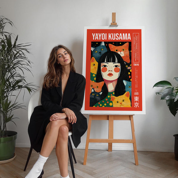 Colorful girl and cat illustration used as quirky wall art for modern homes.